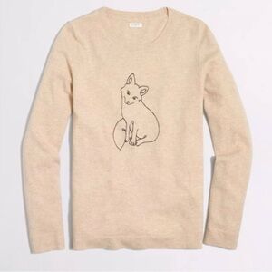 J. Crew Teddie Sweater Embroidered Fox Wool Cotton Beige Tan Sz S